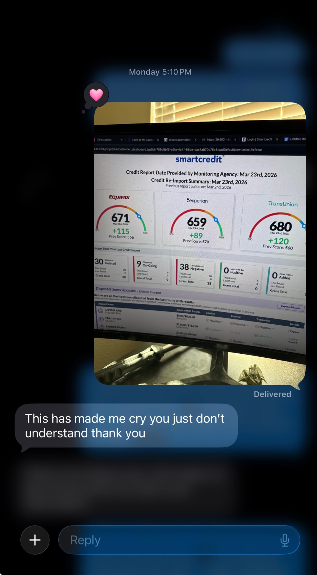 Client message thanking Credit Zoe after seeing updated credit report scores