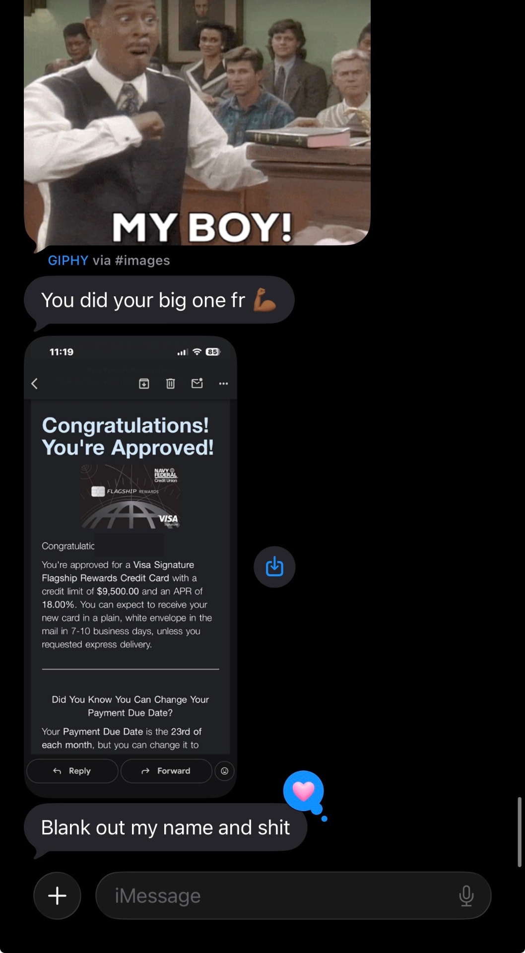 Client message sharing a credit card approval letter