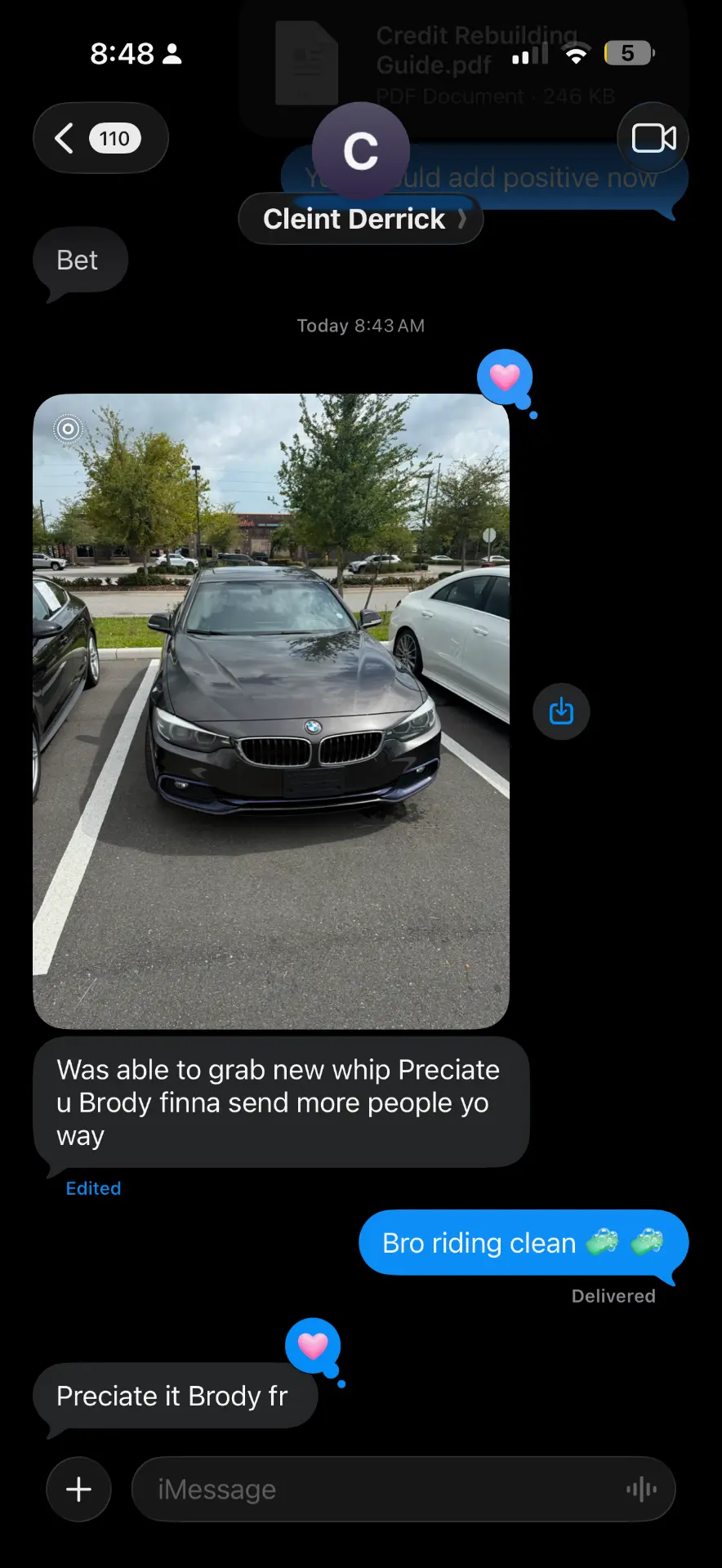 Client message sharing a car they were approved for