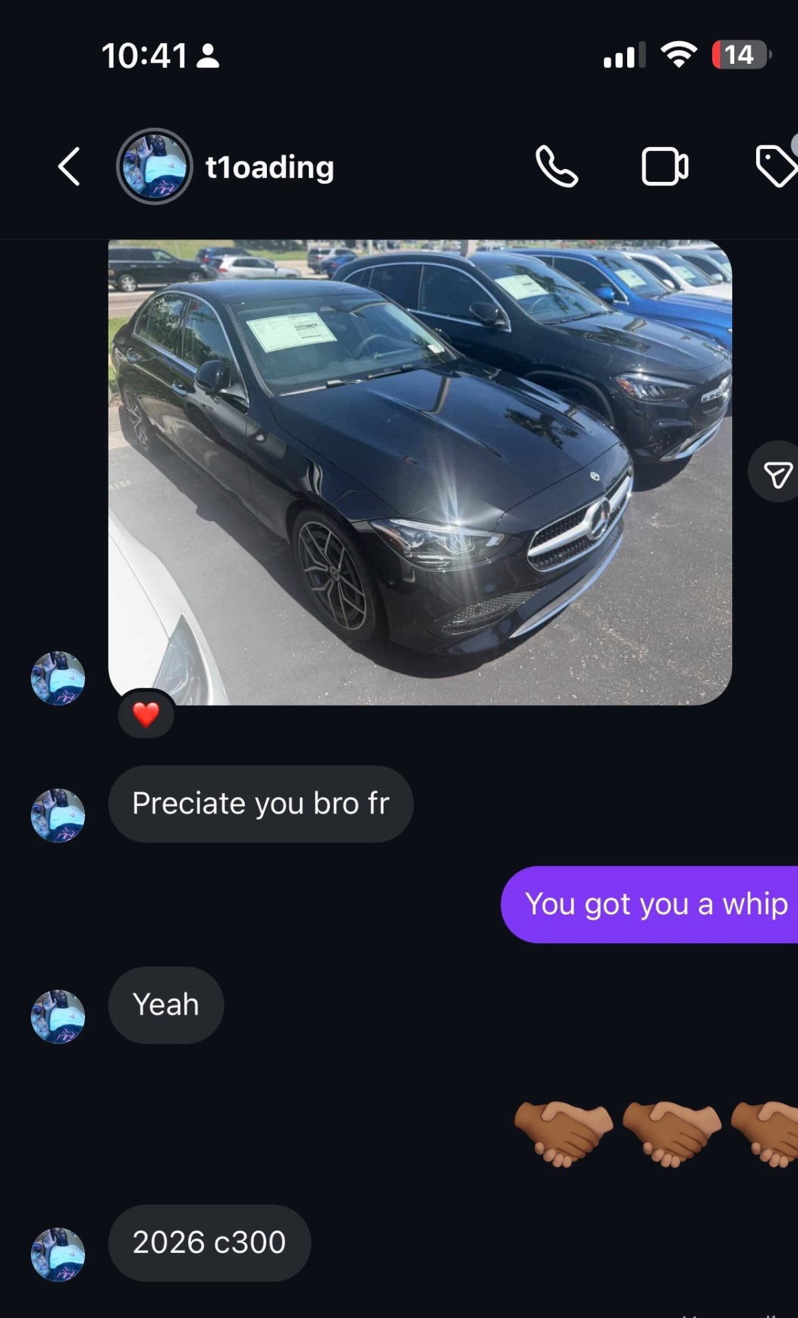 Client message sharing a new vehicle purchase