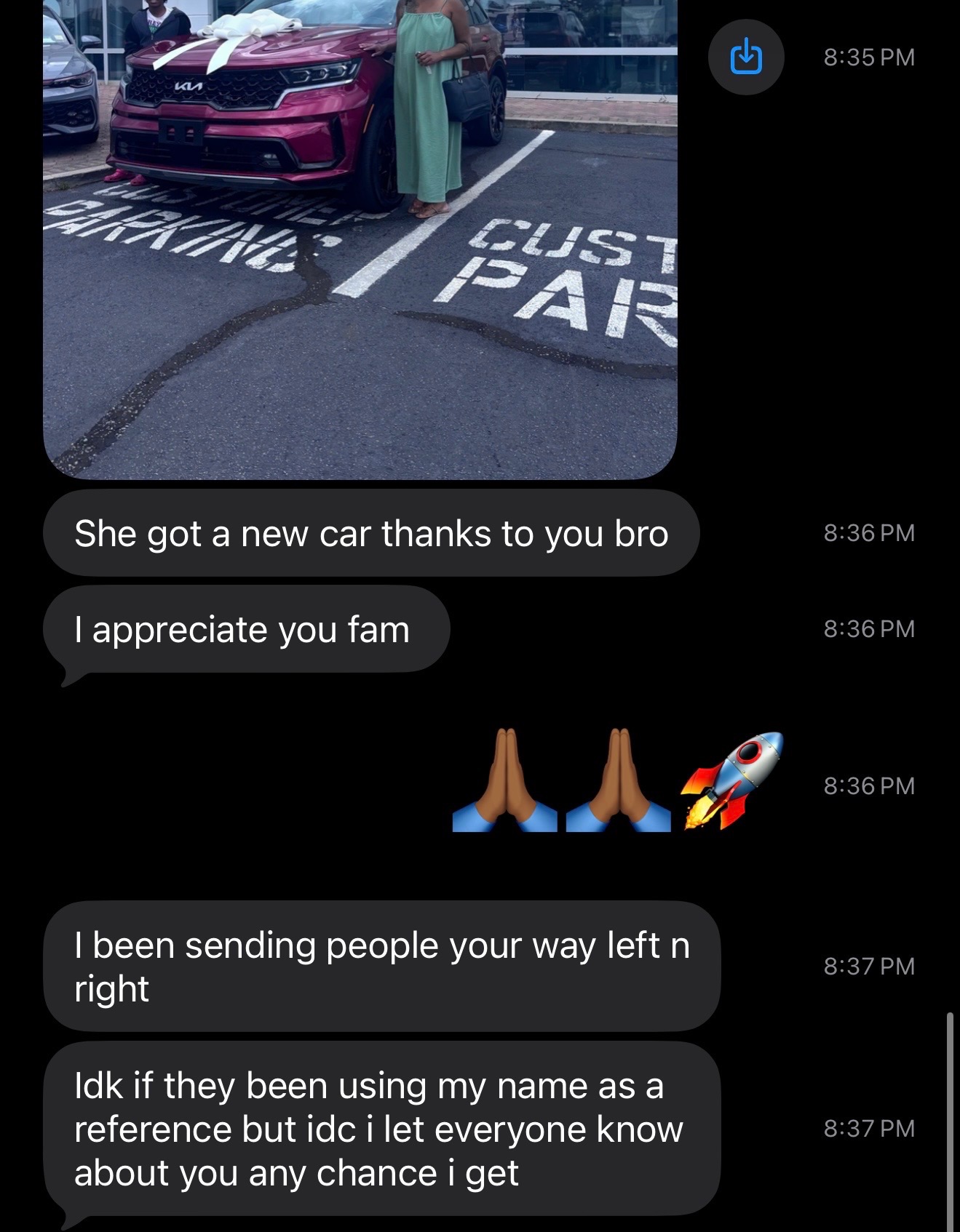 Client message about a family member getting approved for a new car